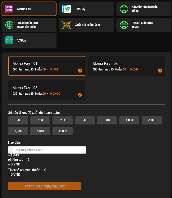 Nạp tiền qua Momo Pay